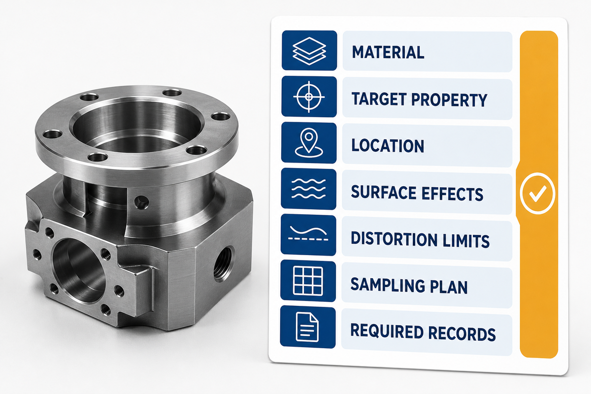 Heat treatment requirement card for material, property, location, surface, distortion, sampling, and records.