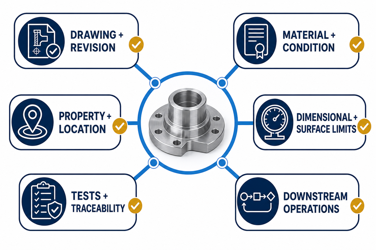 RFQ package covering drawing, material, property location, limits, evidence, and downstream operations.