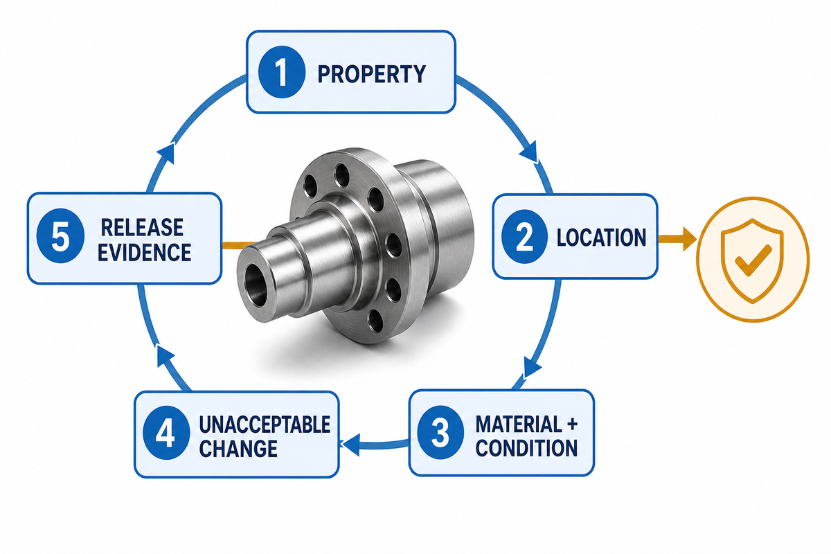 Five-question heat treatment decision framework covering property, location, material, unacceptable change, and release evidence.