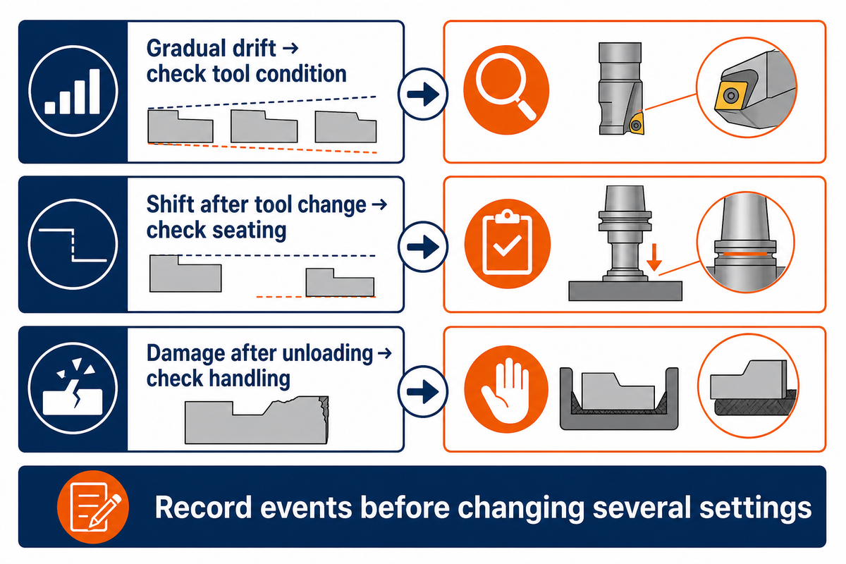 Gradual drift, tool-change shifts and unloading damage suggest different checks, not proven root causes.