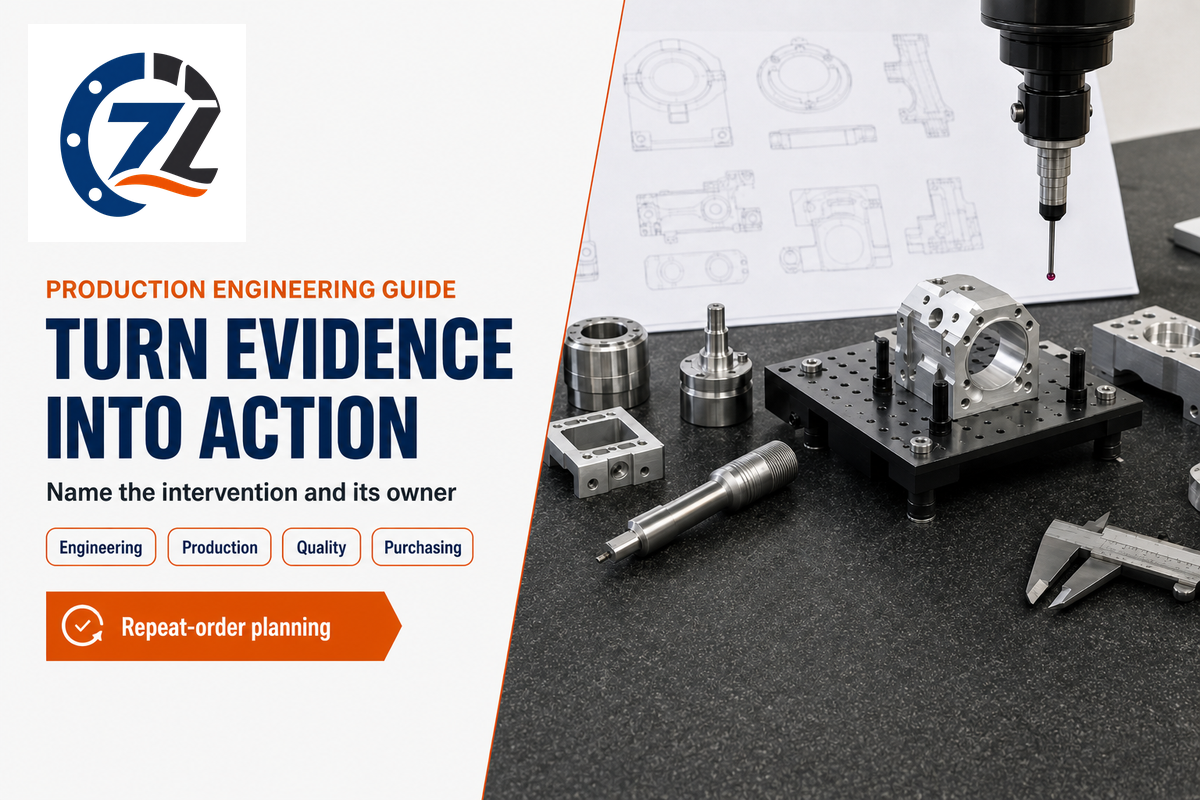 A repeat-order handoff connects the drawing, production route, quality evidence and purchasing responsibilities.
