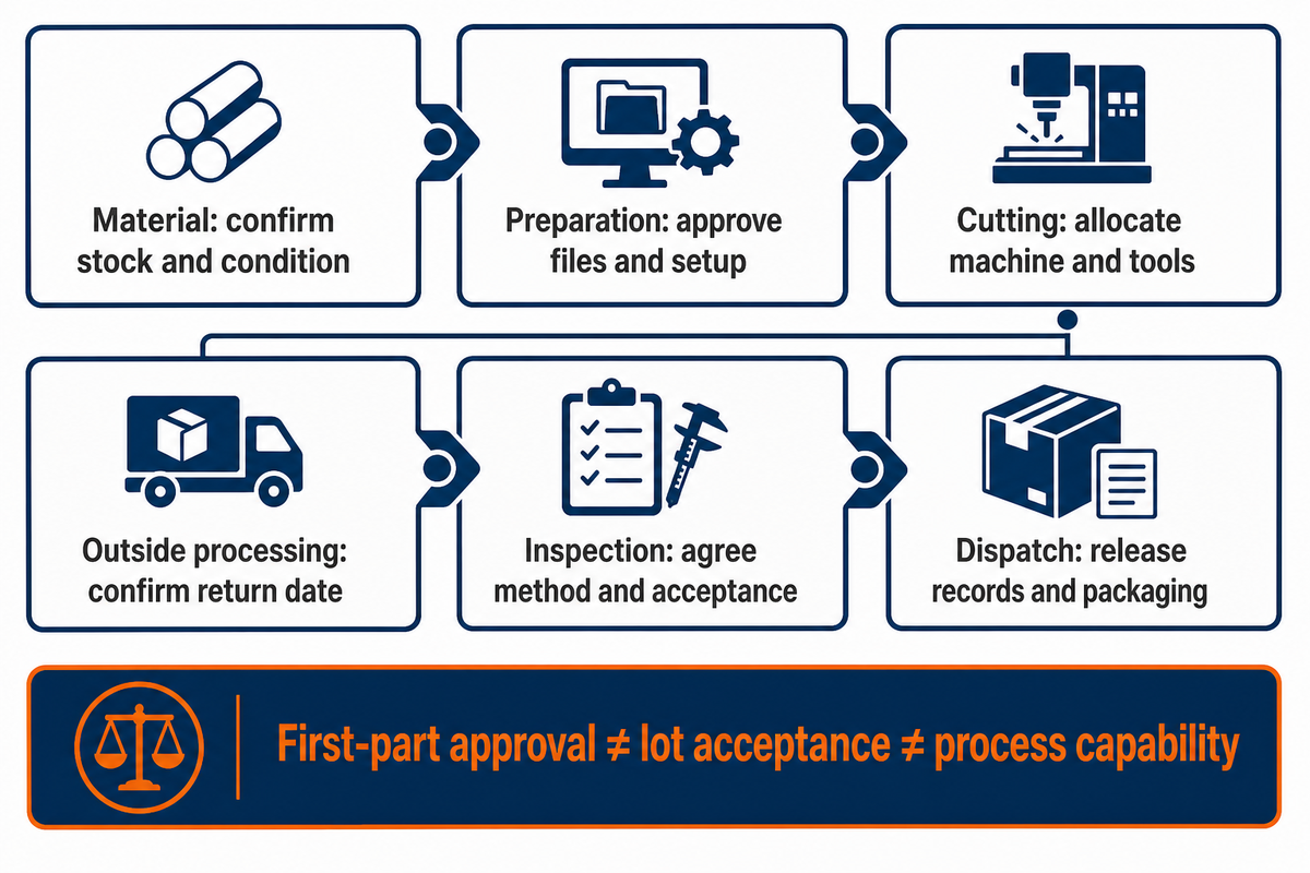 Planifiez chaque condition de lancement, puis distinguez l’approbation de la première pièce, l’acceptation du lot et la capabilité du procédé (NIST).