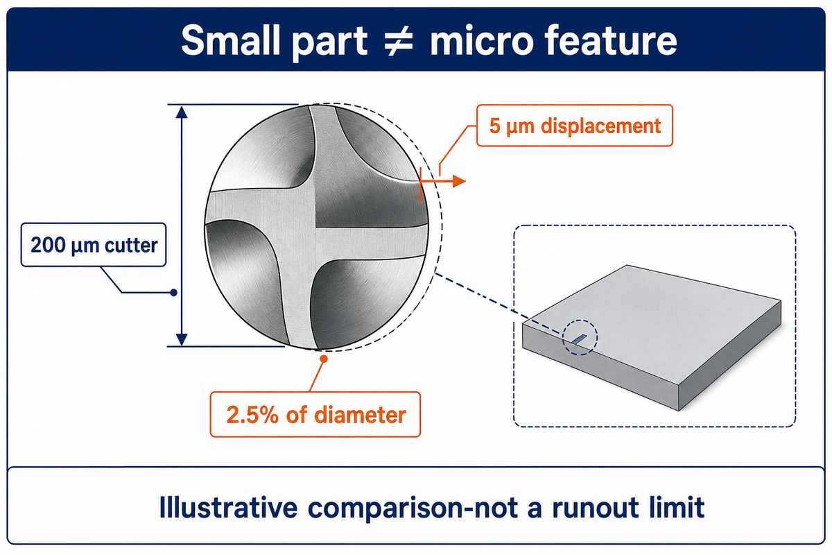 An assumed 5 µm displacement is 2.5% of a 200 µm cutter diameter, not an allowable runout specification.