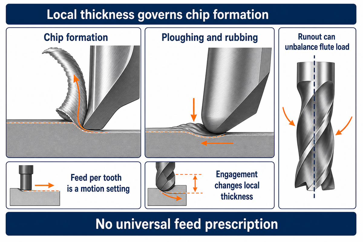 Smaller commanded feed can increase ploughing; engagement, edge geometry and runout determine local chip formation.