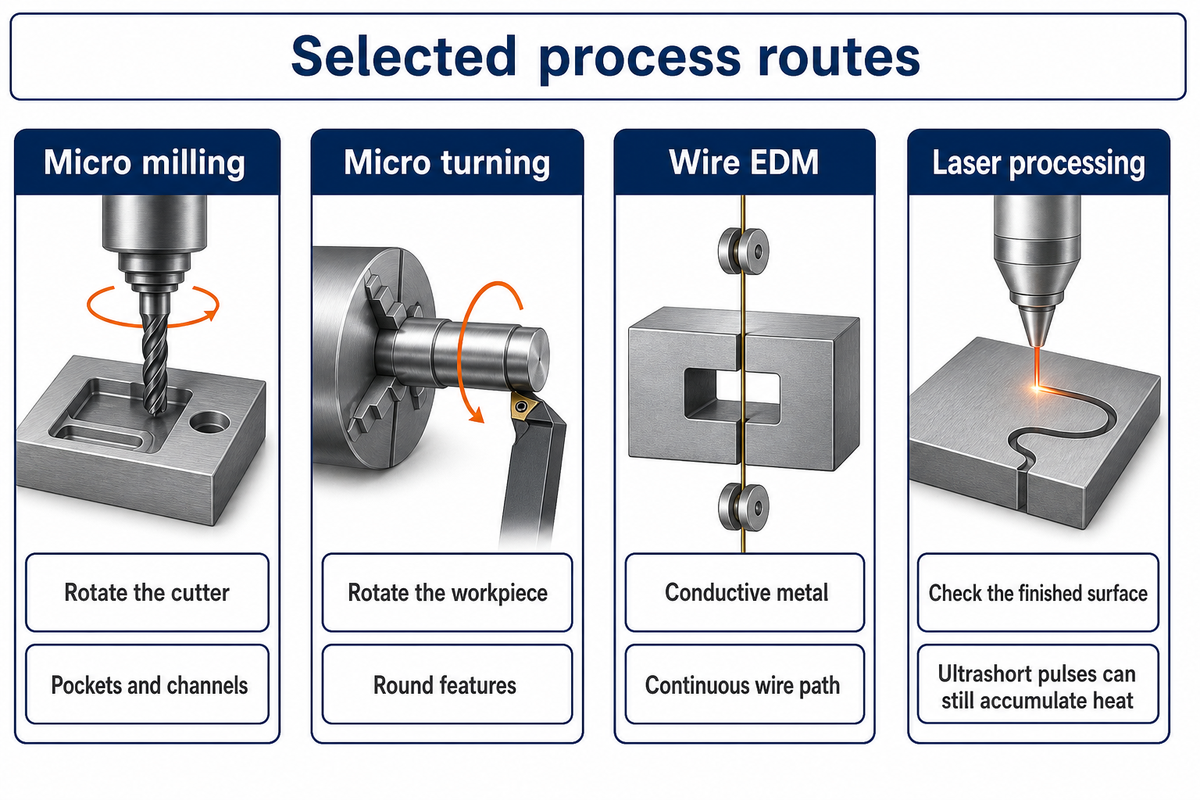 Selected milling, turning, wire EDM and laser routes differ in geometry, conductivity and surface-integrity constraints.
