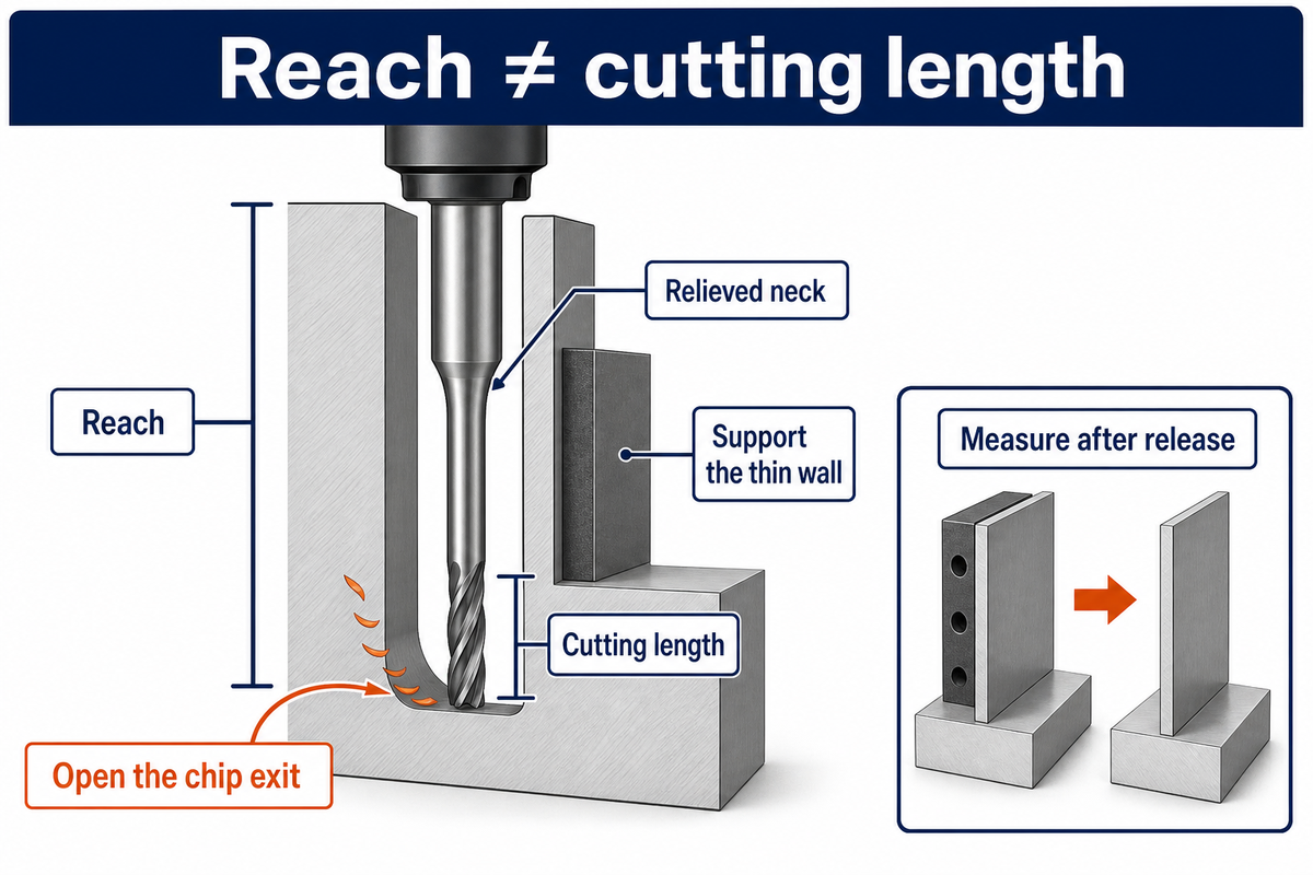 Reach, cutting length, chip escape and wall support must be designed separately; inspect the released wall.