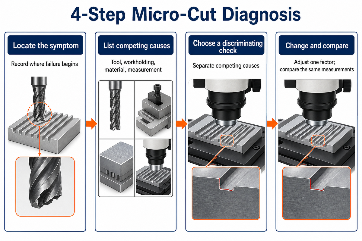 Locate the symptom, compare causes, choose a discriminating check, then change one factor and measure again.