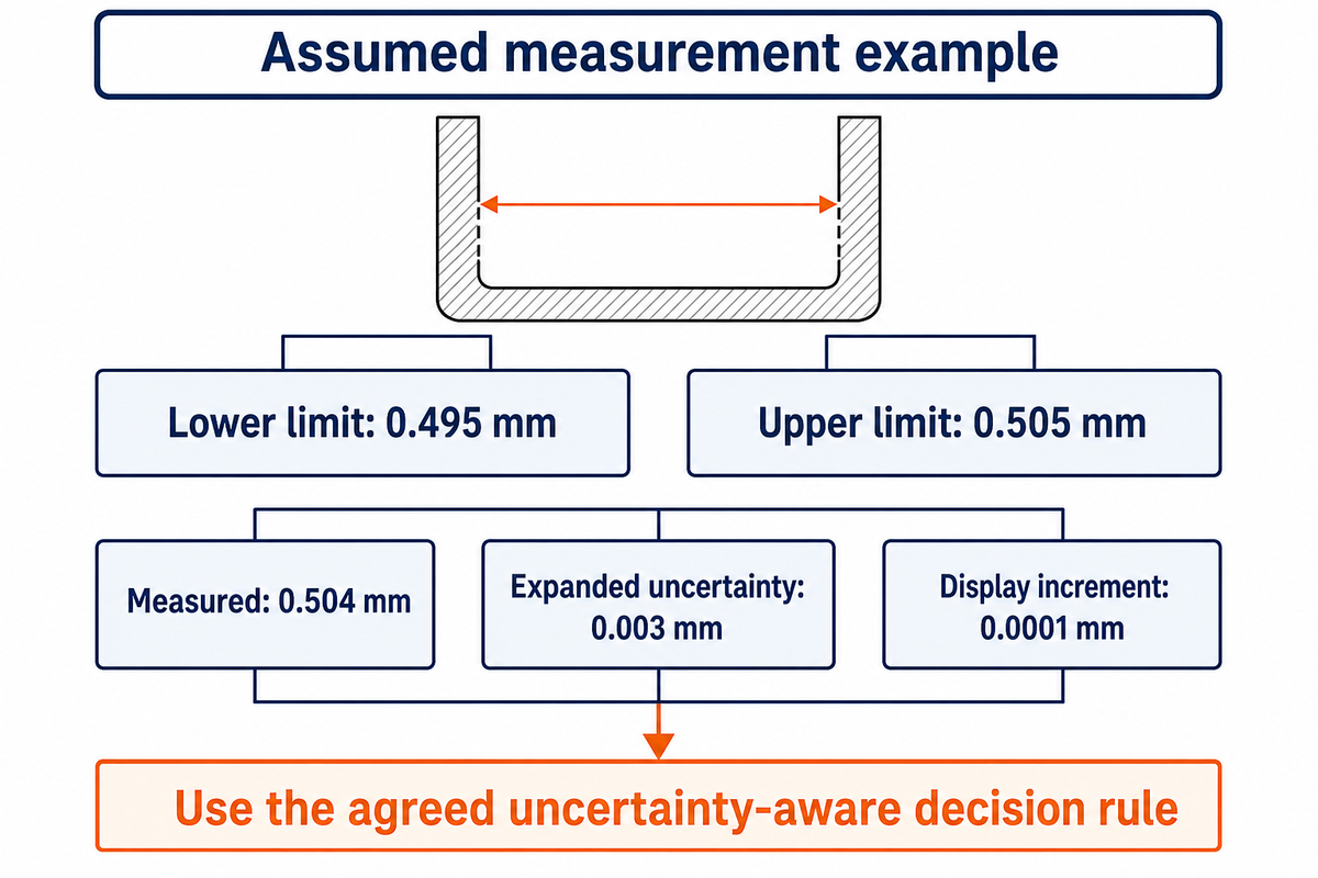 Assumed 0.504 mm result near a 0.505 mm limit requires an uncertainty-aware decision; display resolution is insufficient.