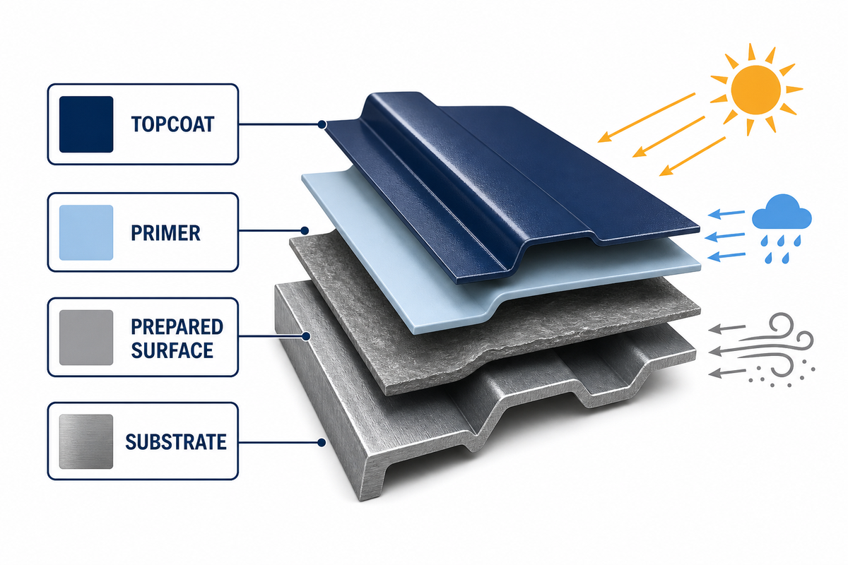 An industrial paint system aligns substrate, preparation, primer and topcoat with service exposure.