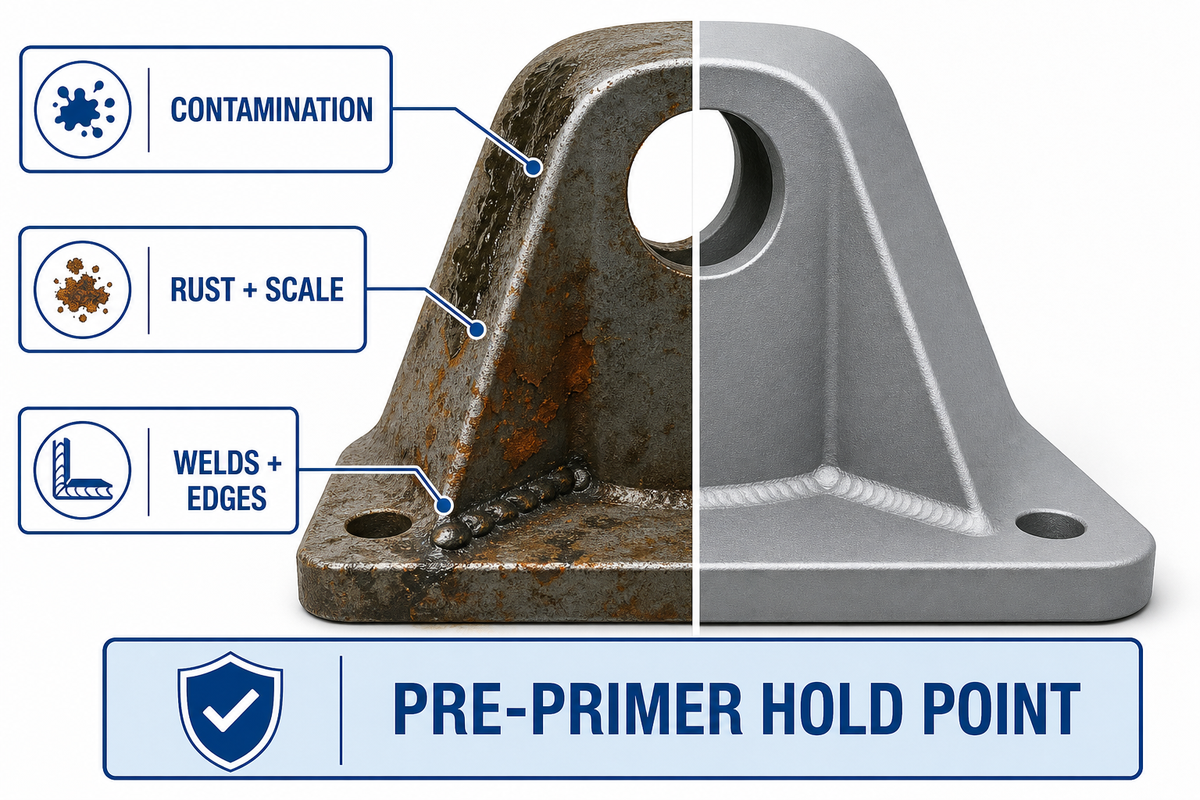 Inspect contamination, rust, welds and edges at the pre-primer surface-preparation hold point.