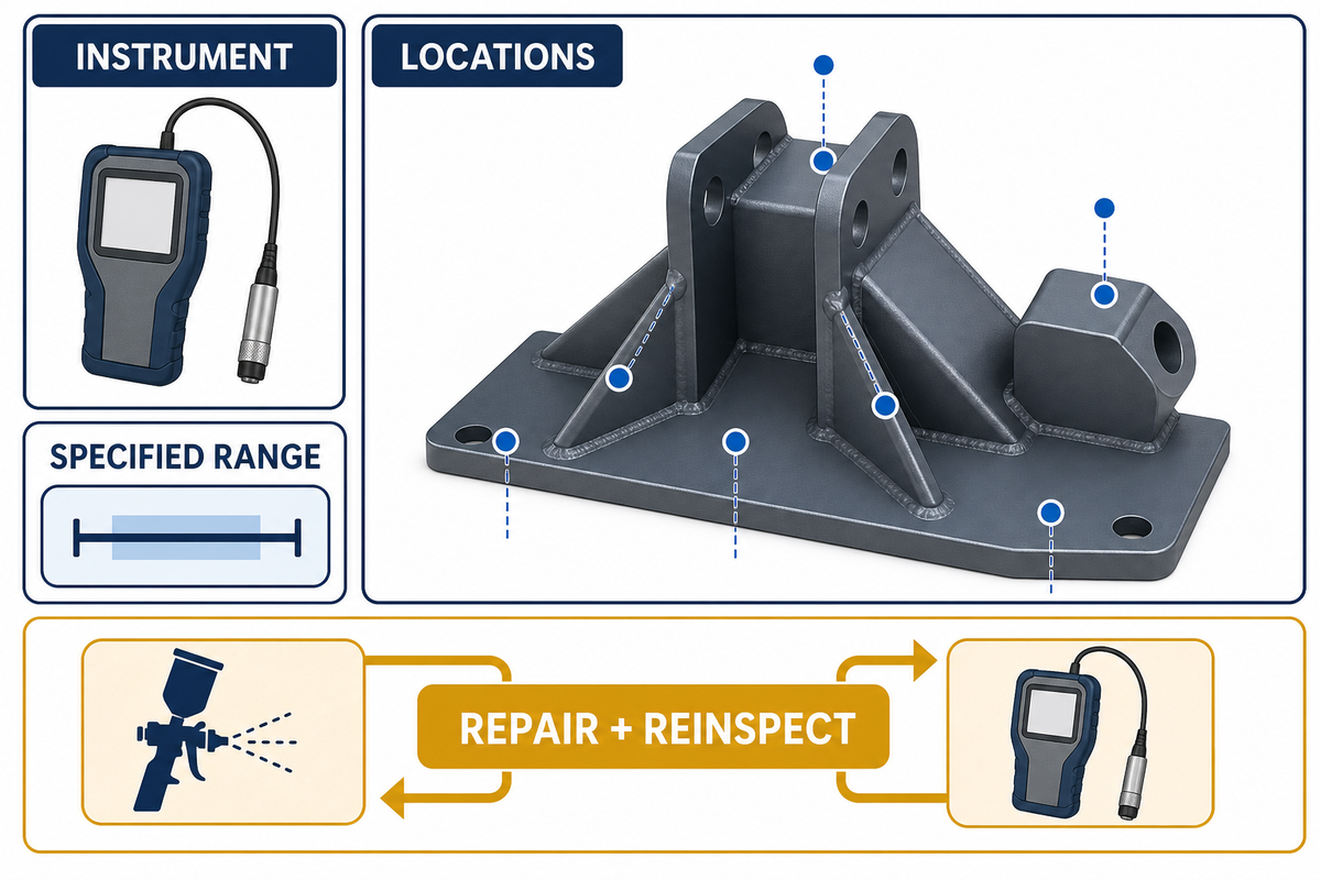 A coating-thickness plan defines the instrument, locations, specified range and reinspection after repair.