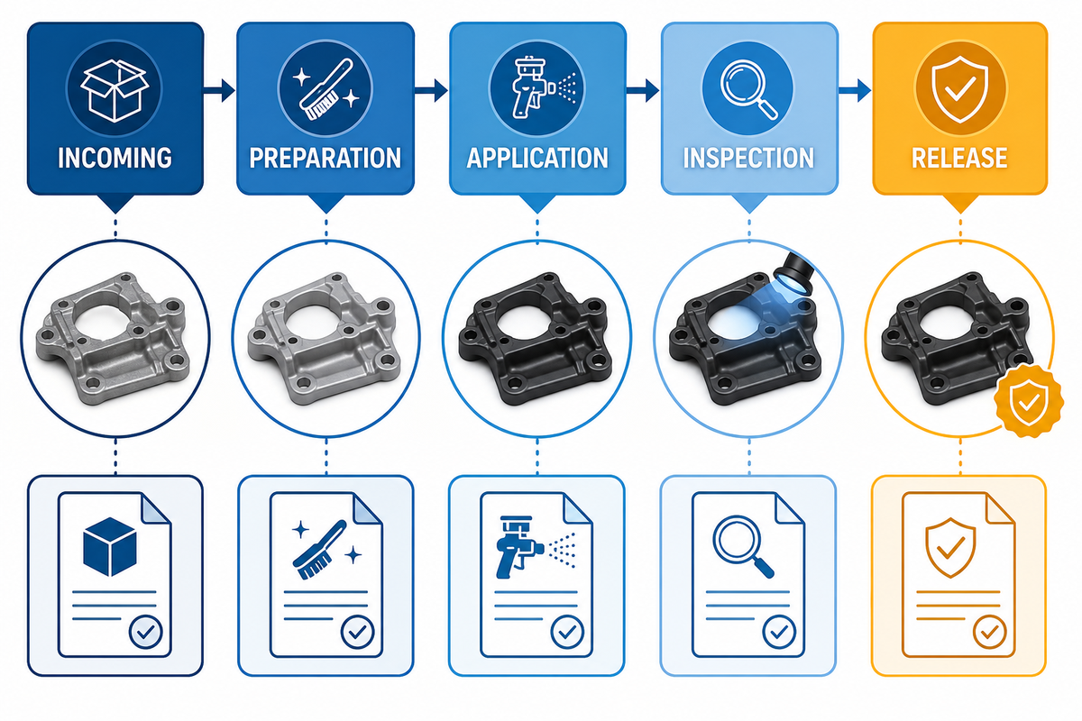 Inspection evidence follows incoming checks, preparation, application, inspection and final release.