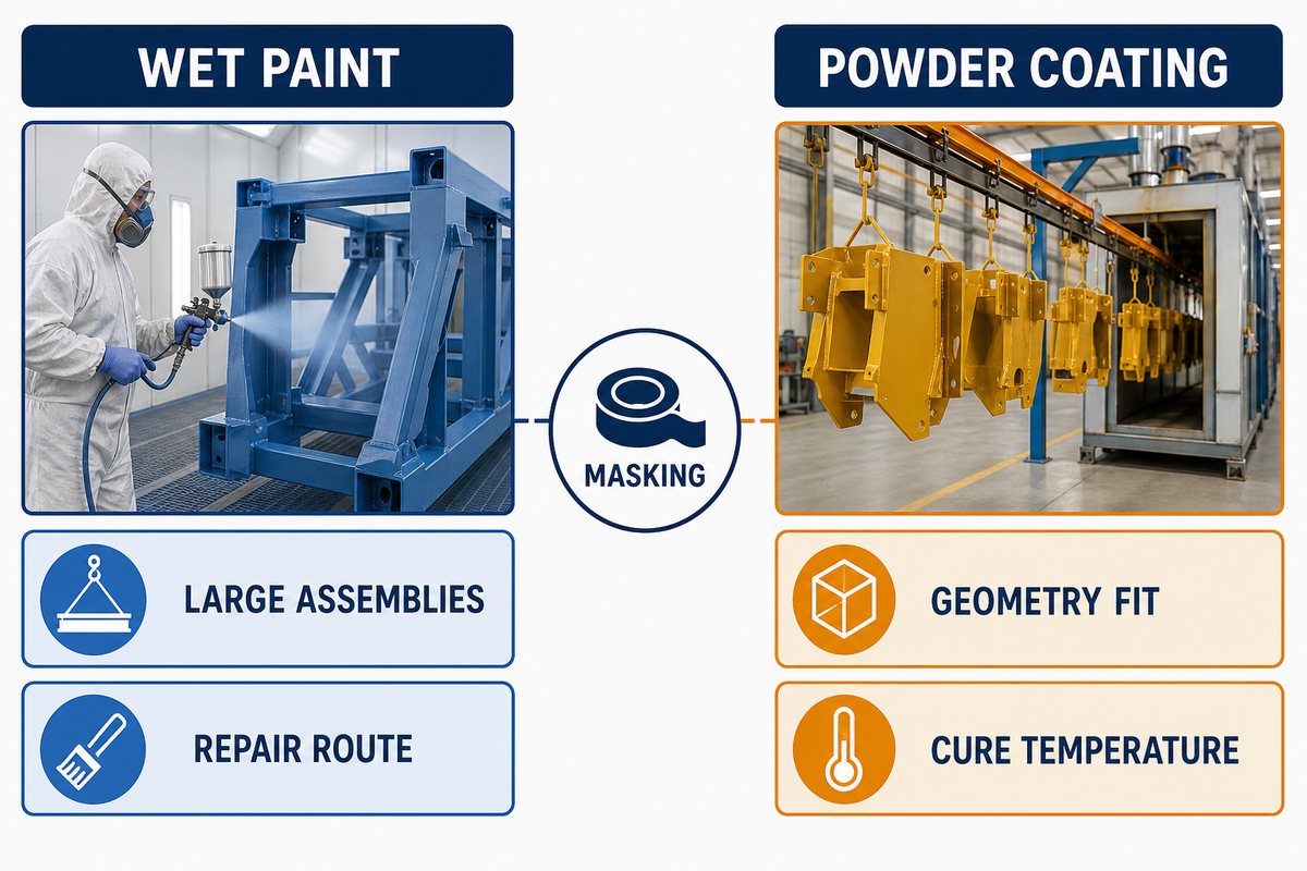 Wet paint and powder coating should be compared by part size, geometry, cure temperature, masking and repair route.
