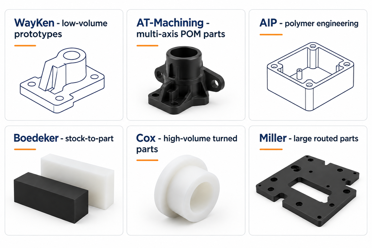 Selected POM order-fit examples: WayKen, AT-Machining, AIP, Boedeker, Cox and Miller.