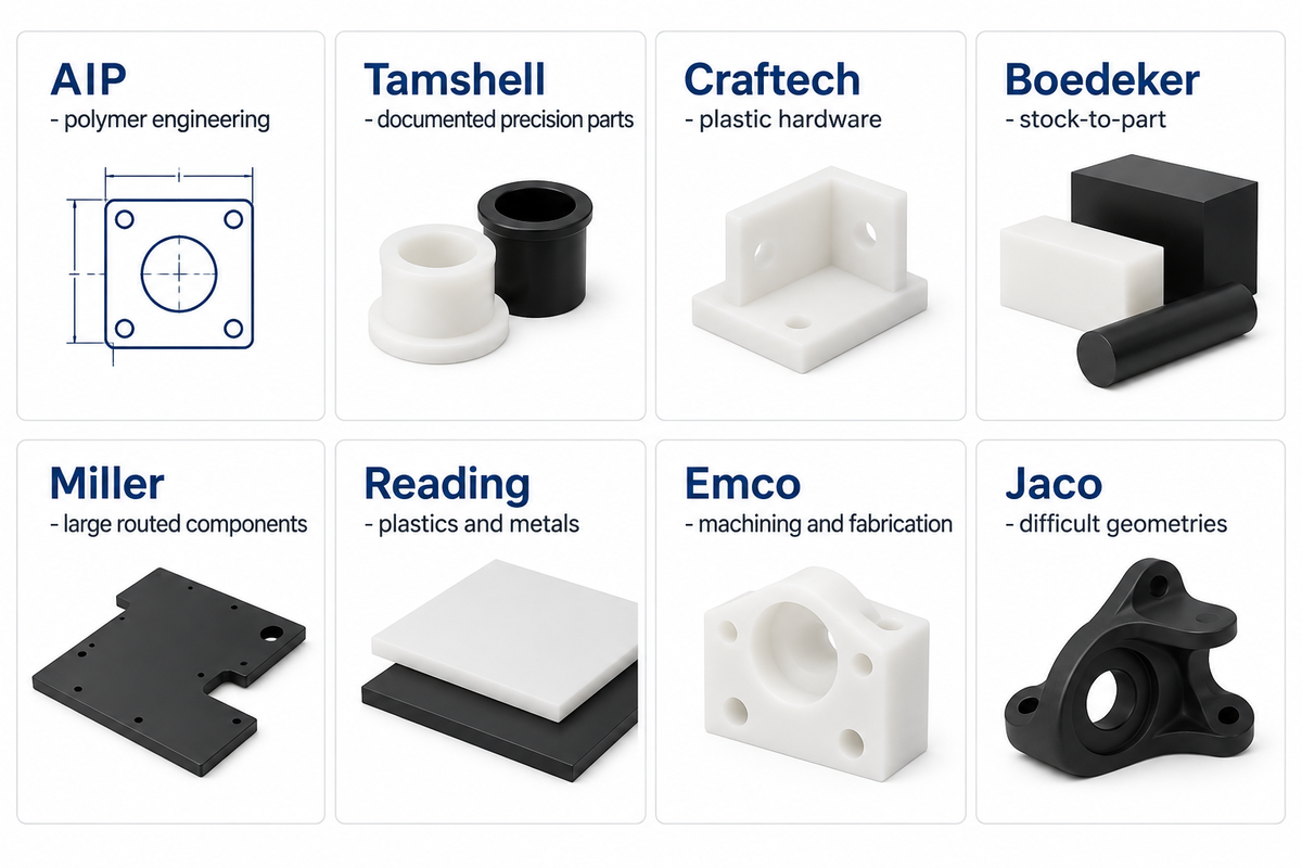 US plastic specialists compared by polymer engineering, hardware, stock-to-part, routing and fabrication.