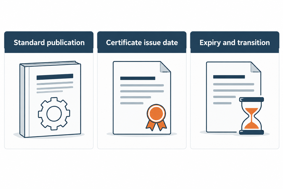 A standard publication, certificate issue date and expiry or transition arrangements are separate document concepts.