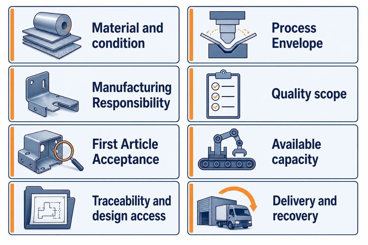 Eight checks connect the drawing, factory responsibility and acceptance before ordering.