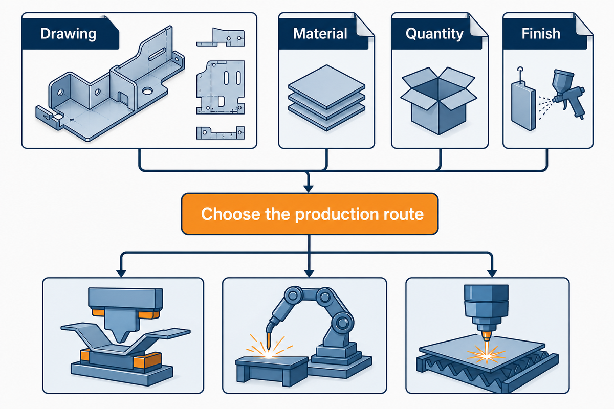Send drawing, material, quantity and finish to suppliers whose production route fits the part.
