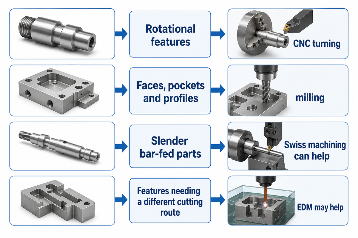 Part geometry screens turning milling Swiss machining and electrical discharge machining routes