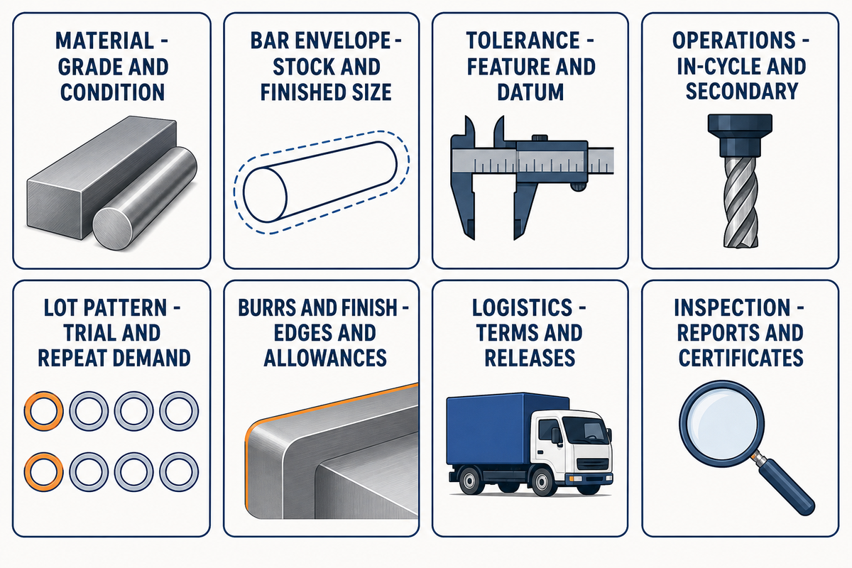 Eight quotation requirements covering material dimensions tolerances operations quantities finishing logistics and inspection