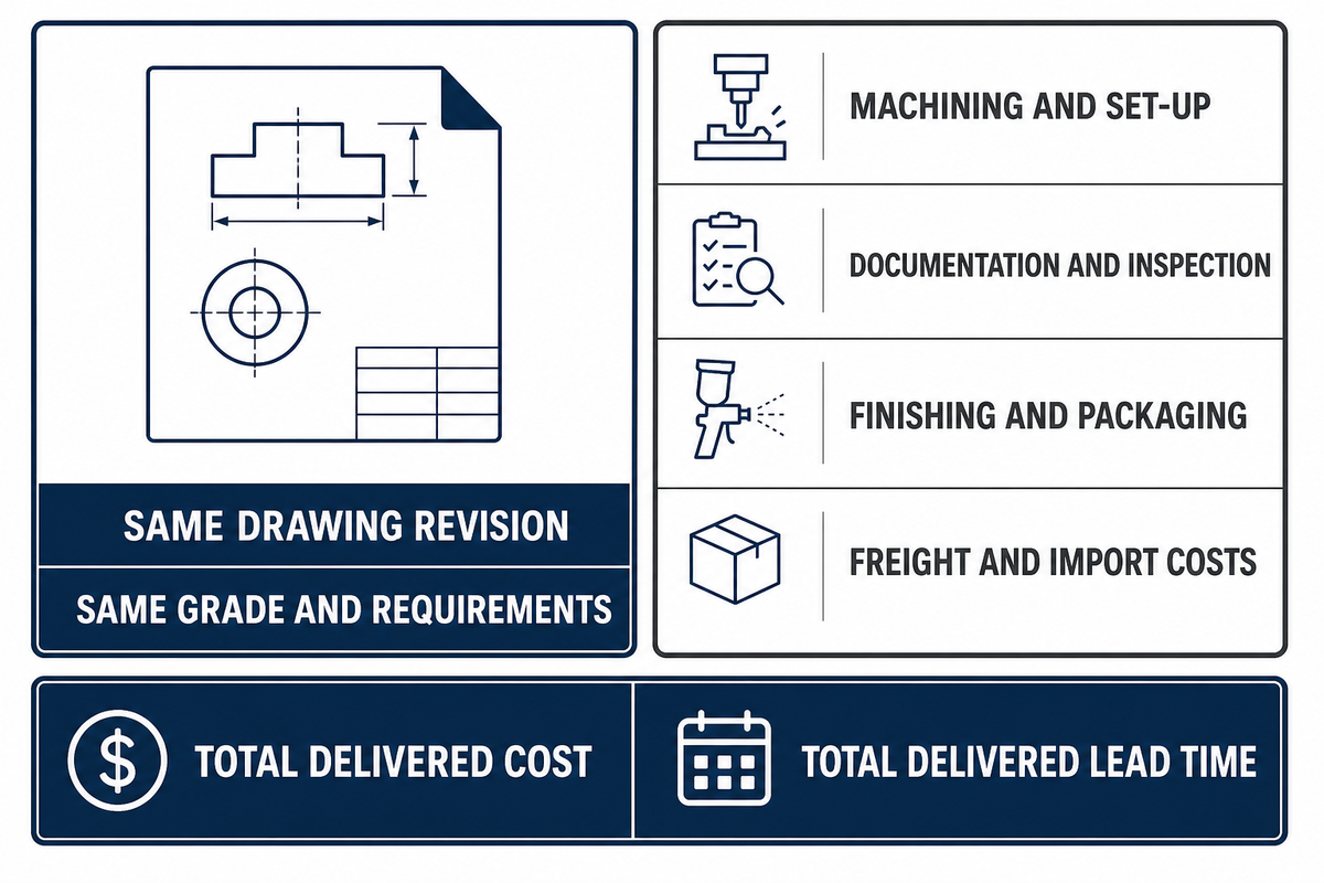 Equivalent delivered-cost comparison for China-based titanium machining suppliers