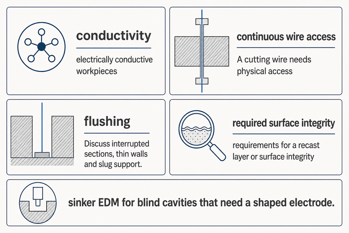 Wire-path fit checks for conductivity, through-access, flushing and required surface integrity